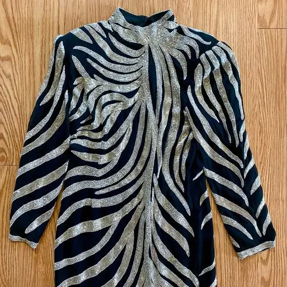 Vintage 1980s Black Beaded Silk Long Maxi Evening Gown Womens Medium - Picture 3 of 16